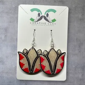 White/Red/Black Navajo Basket Tulip Earrings | Handmade Polymer Clay | Sterling Silver .925 Hooks | Lightweight & Hypoallergenic | Southwest-Inspired Dangle Earrings
