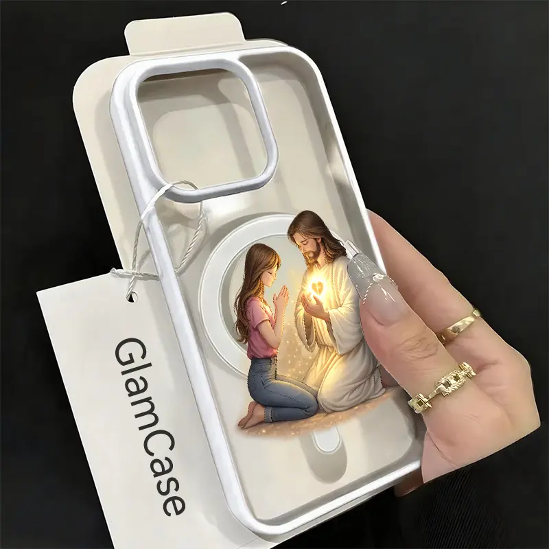 Jesus Heart Healing Acrylic Smartphone Case - Spiritual Blessing Style Magnetic Shockproof Protection Cover, Phone Accessories for iPhone 17,16,15,14,13,12,11 Plus Pro Max, A17