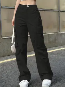 Flap Multi-Pocket Work Pants, Y2K Kpop Girl Casual Pants Spring Summer Women, Waist Cinched Wide Leg Work Pants, Fitted, Bottom