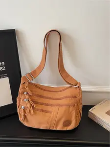 Vintage Versatile Solid Color Shoulder Bag, Casual Multi-Layer Crossbody Commuter Bag, Stylish and Practical Daily Use Backpack