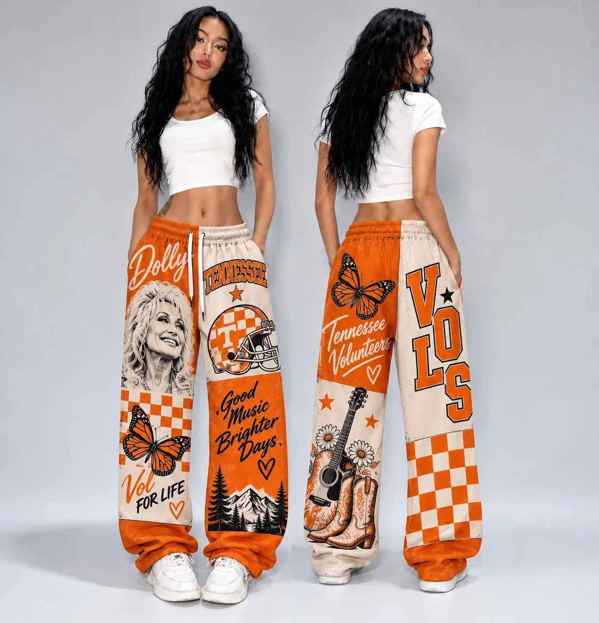 Dolly Parton Tennessee Volunteers Sweatpants, Butterfly Football Helmet Joggers, Vols Orange White Patchwork Pants, Country Music Fan Gift