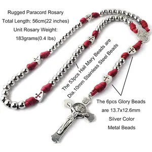 10mm Stainless Steel Bead Men's Coptic Cross Necklace, Cuban Link Chain with Rugged Durable Paracord Design, Vintage Cross Pendant, Adjustable Daily Choker for Men's Jewelry