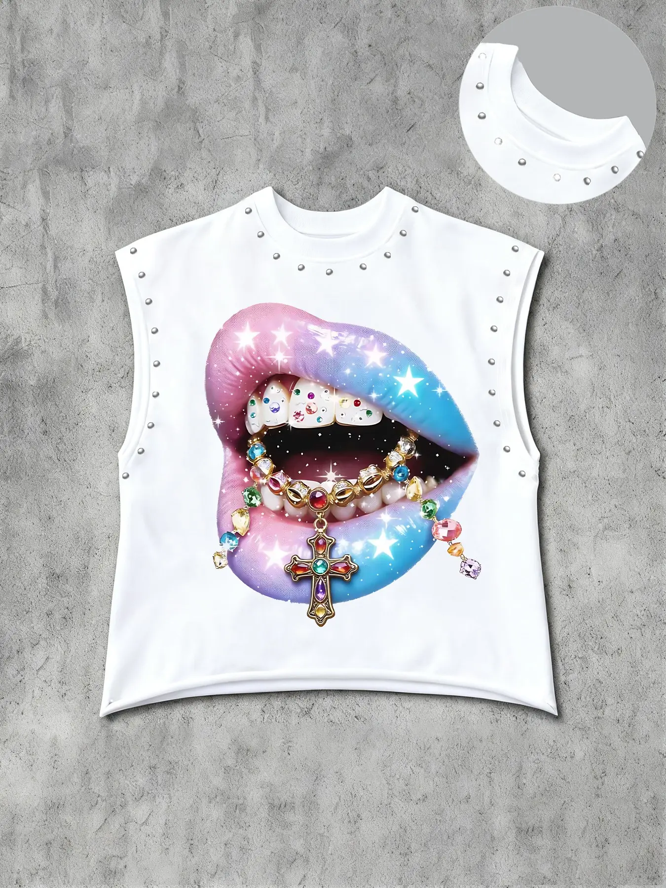 Men's Casual Sleeveless Vest, Graphic Background with Blue Gradient Rhinestone Lips, Embellished Colorful Teeth, Cross Pendant Print, Sleeveless Tank Tops, Sleeveless Clothes