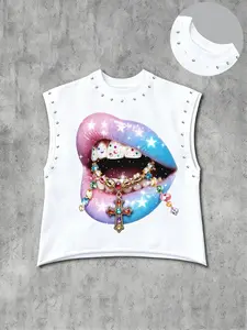 Men's Casual Sleeveless Vest, Graphic Background with Blue Gradient Rhinestone Lips, Embellished Colorful Teeth, Cross Pendant Print, Sleeveless Tank Tops
