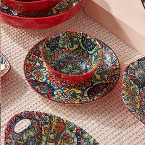 Boho Style Ceramic Bowl, 1 Count Vintage Floral Pattern Bowl, Household Tableware Set for Home Kitchen Dining Room