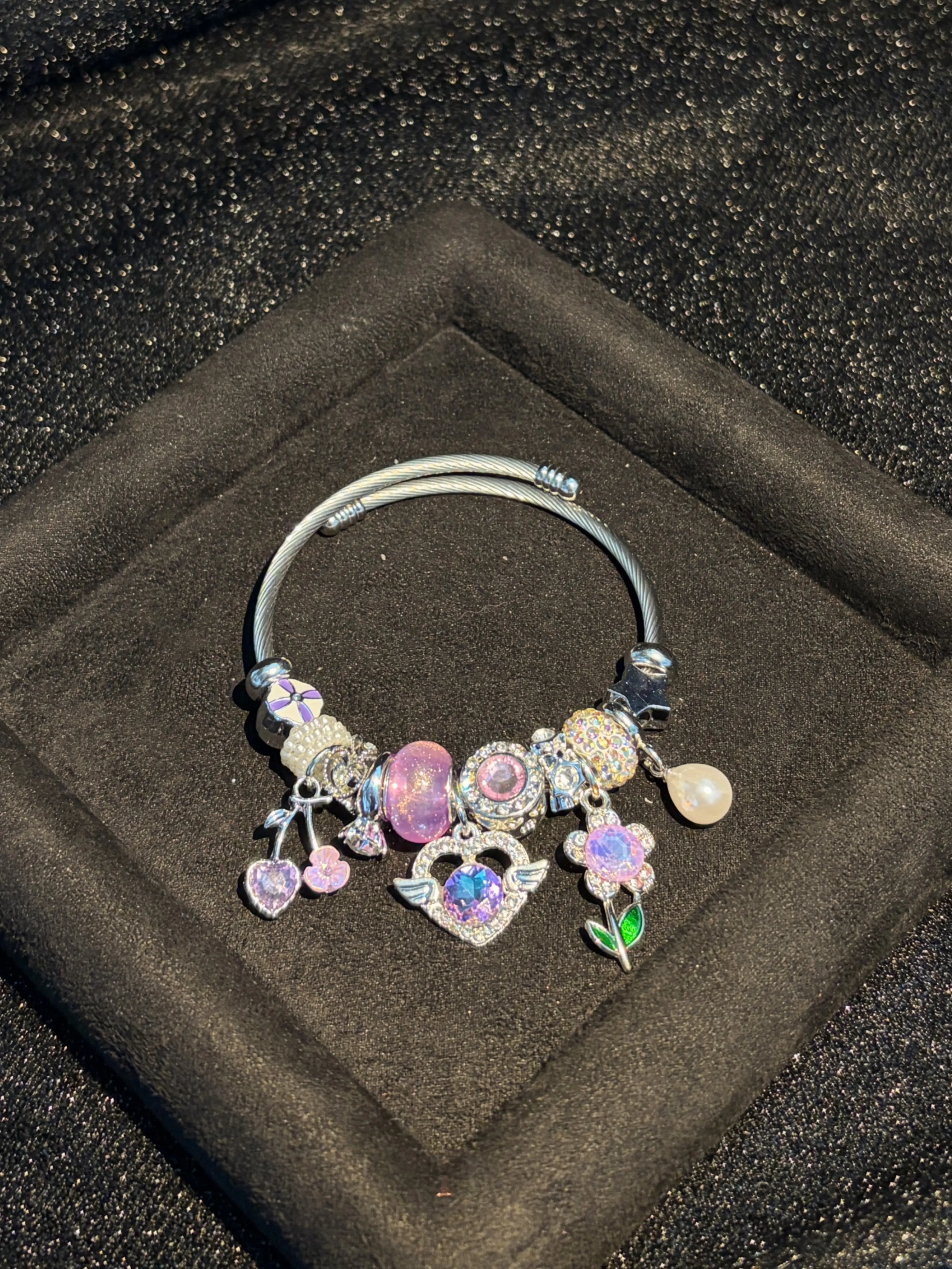Silver‑Tone Open Cuff Bangle Bracelet, Dreamy Pink Purple Crystal Flower Wing Heart Pearl Charms, Shiny Statement Jewelry Gift for Women