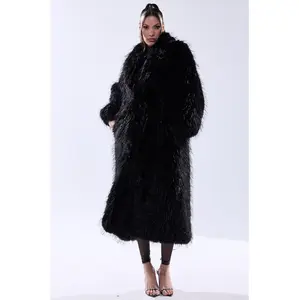 Women's Oversized Long Sleeve Knit Wave-Inspired Black Tsunami Faux Fur Coat