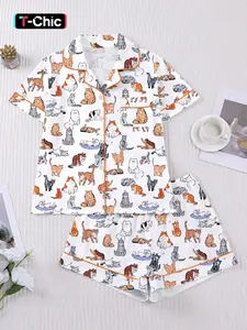 Women's 2-Piece Pajama Set, Cartoon Cat Print, Casual Fitted Style, Short Sleeve Shirt & Elastic Shorts, Comfortable Home Wear, Loungewear, Summer, Nightwear, Pjs, Womenswear
