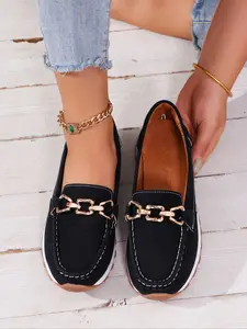 Women's Casual Slip-On Loafers, Smooth Leather Comfortable Wedge Heels, Chain Edge Decor, Perfect for Daily Wear