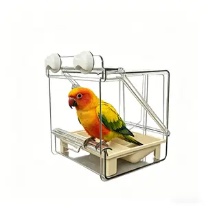 Transparent Bird Bath & Feeder Bowl for Parrots, Clear Acrylic Bird Bath Tub with Perch, No-Leak Bird Cage Mounted Bath Bowl for Budgies, Parakeets, Cockatiels, Lovebirds, Small Birds