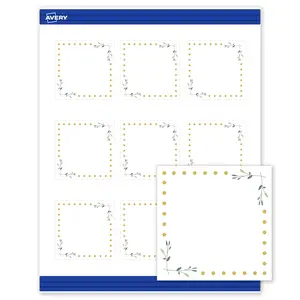 Avery Printable Square Cards, 2.5" x 2.5", Matte White, Pre-printed Green Florals/Gold Dots Design, Sure Feed Technology, Laser & Inkjet Compatible, 180 Total