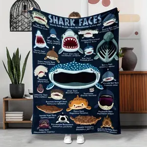 Coastal Style Shark Blanket Faces Flannel All-Season Knitted,Multipurpose for Travel,Camping,Sofa Animal Theme Printed Blanket