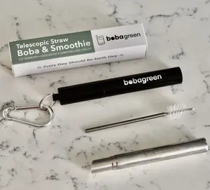 bobagreen Portable Reusable Boba/Bubble Tea/Smoothie Straw with Keychain Clip - Stainless Steel