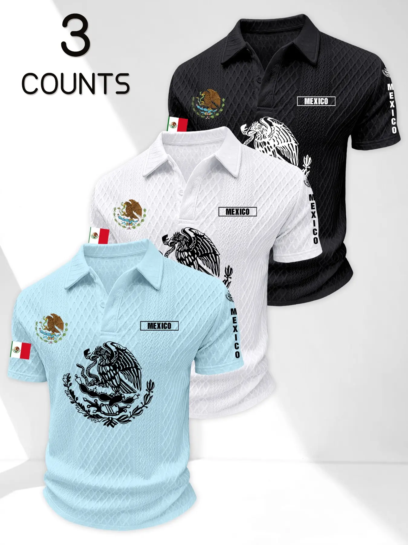 3-Pack Mexican Style Textured Buttoned Polo Shirts, Men's Fashion National Emblem Print, Summer Casual Short Sleeve Collared Tops