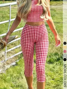 Y2K Style Women'S Red Checkered Cropped Pants, Split Hem Skinny Leggings For Daily Wear
