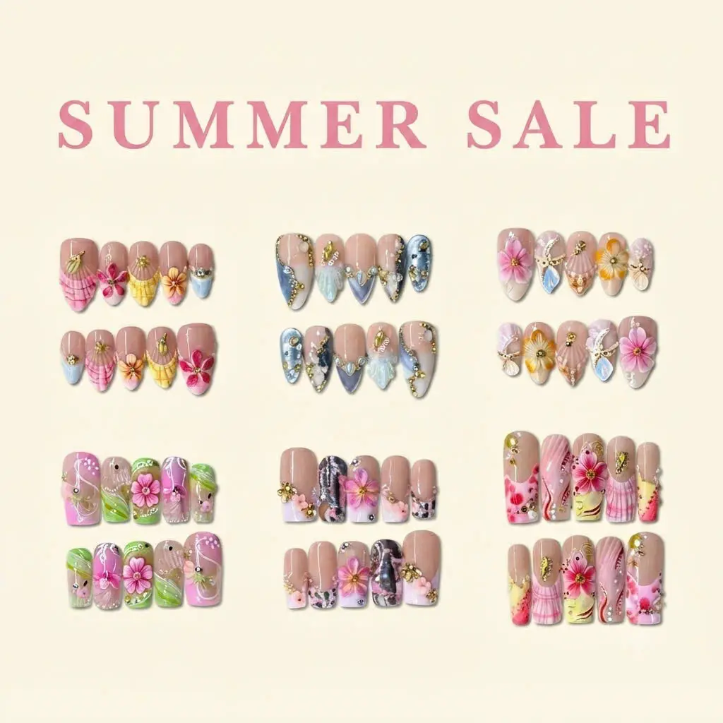 NailPhoria Hot Girl Summer Press On Nails - Tropical Flower, Papaya & Palm Tree Nails - Medium Square , False nails, salon quality, handmade press-on nails