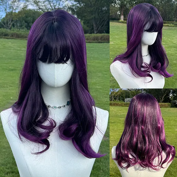 Smilco Women's 20in Colored Machine-Made Synthetic Fiber Full Wig, Curly Wave with Bangs, Brown-Vibrant Shade Purple Highlights, Heat Resistant Wash & Restyle Wig for Weddings