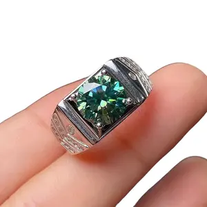 2 CT VVS1 Round Brilliant Cut Men's Green Moissanite Ring ,925 Sterling Silver and Platinum Plated