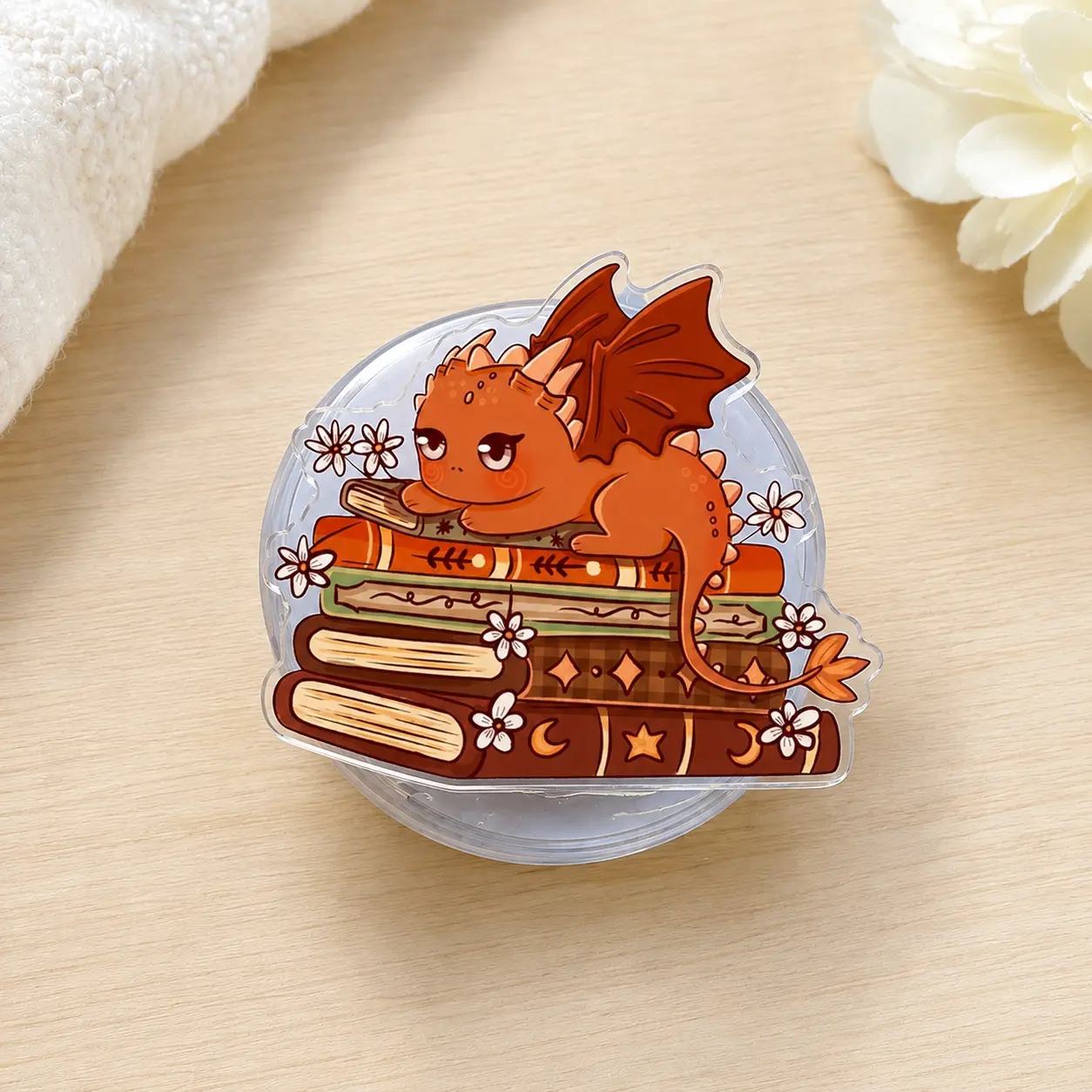 Cozy Autumn Dragon MagSafe Phone Grip Book Stack Magnetic Kindle Grip Cute Bookish Romantasy Accessory
