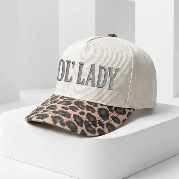 Ol’ Lady Embroidered Trucker Hat, Leopard Print Brim Adjustable Cotton Snapback Baseball Cap for Women