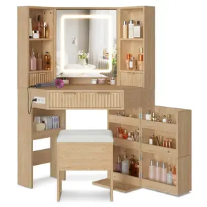 Sikaic Corner Makeup Vanity Set with Upholstered Storage Stool Modern Makeup Vanity with LED Mirror, 4 Drawers, Open Storage Shelves and Charging Station