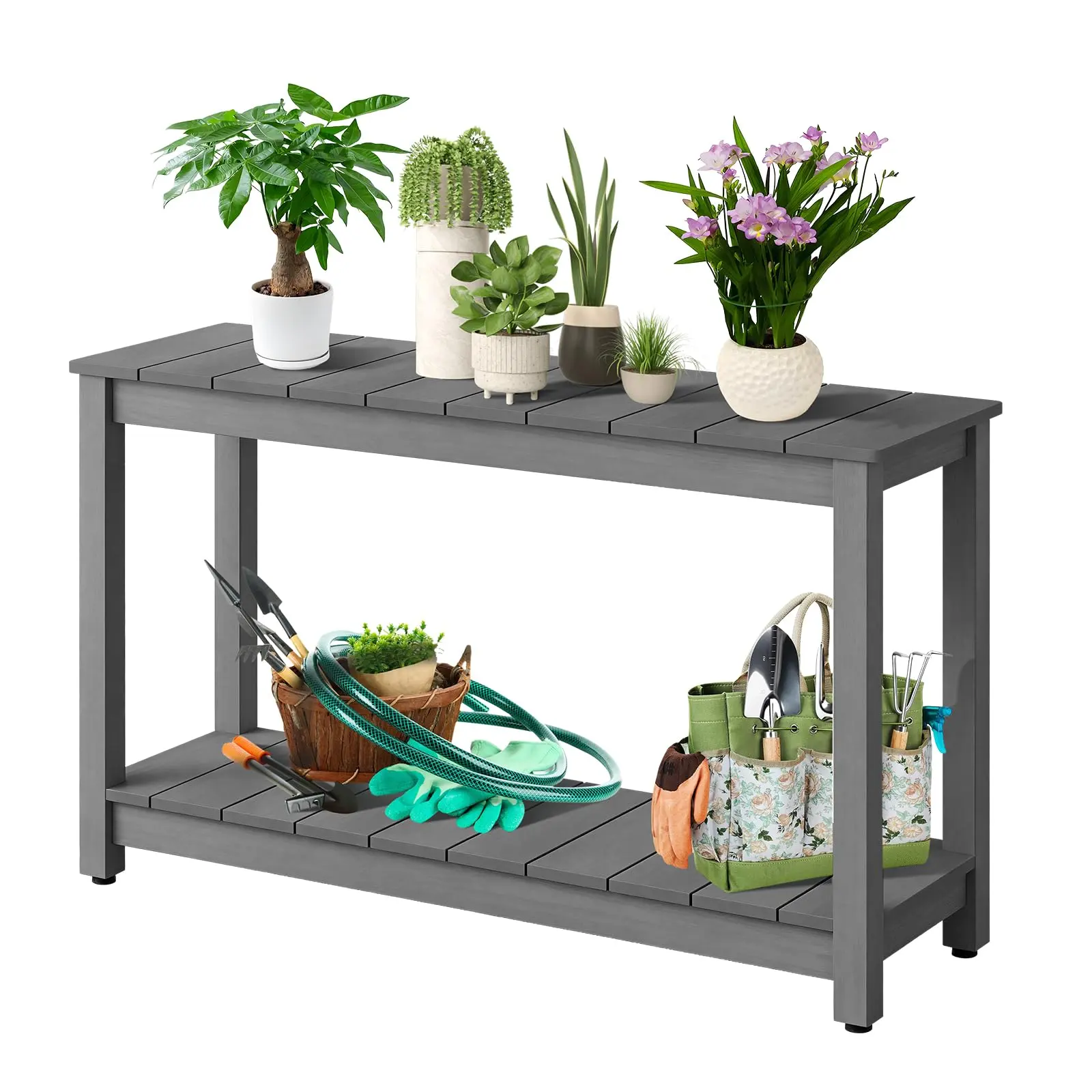 48-inch Outdoor Console Table, Wooden Side Table, 2-Tier Sofa Table for Patio, Porch, Garden ← Rust-resistant " Easy to clean