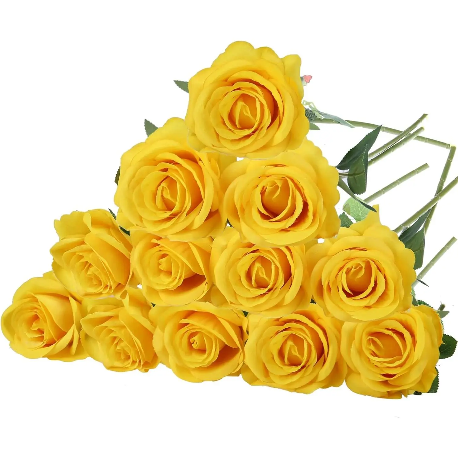 Artificial Yellow Silk Rose Bouquet with Stems, 12-Pack Floral Ornaments with Leaves for Wedding Table Centerpiece, Kitchen Decor, Photorealistic Plastic Home Decor Flowers, Decoration