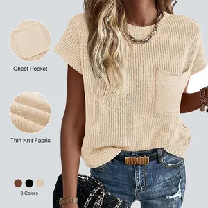 Imily Bela Women's Summer Short Sleeve Sweater 2025 Crew Neck Ribbed Knit Vest with Chest Pocket Thin Knit Fabric Trendy Pullover Tops Comfortable Fashionable