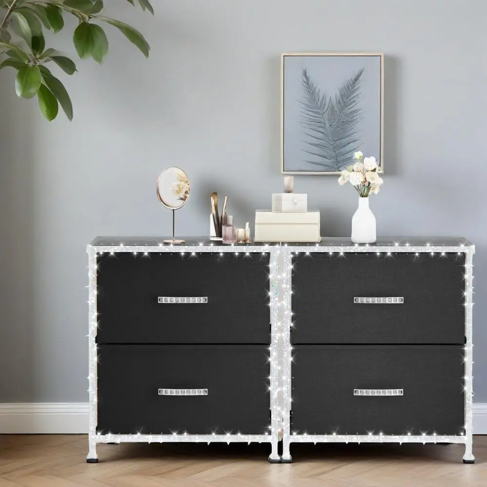 【Diamond Drawer】Mr IRONSTONE Small Nightstand with 2 Fabric Storage Drawers, End Table, Wooden Top Fabric Cabinet Dresser for Bedroom, Small Dresser,