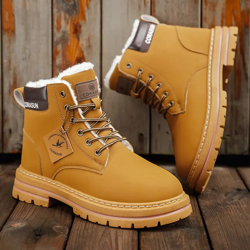 Men\'s Tan/Yellow Lace-Up Winter Boots with Black Sole and Shearling Collar Men main image 3