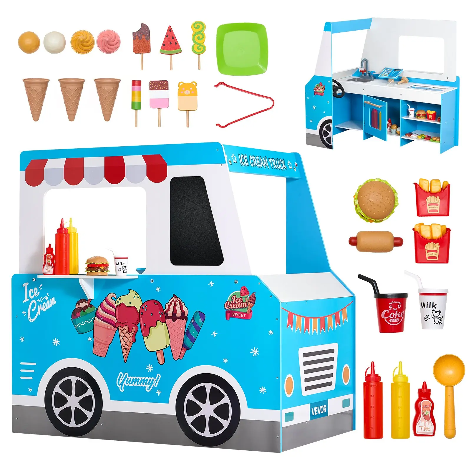【Summerfinds】VEVOR Kids' Wooden Ice Cream Cart Playset, MDF Pretend Play Kitchen Toy with 20+ PCS Accessories - Steering Wheel, Chalkboard, Payment Scanner, Freezer, Faucet, Sink, Sauces, Ice Cream Cones - Learning Tool for Children Development, Suitable,