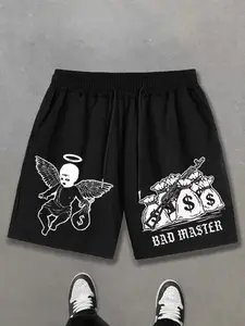 BAD MASTER Men's Streetwear Graphic Shorts - Casual Shorts, Y2K Dark Angel & Money Bag Print, Loose Fit Summer Bottoms for Urban Grunge & Punk Aesthetic Daily Outfits, Menswear