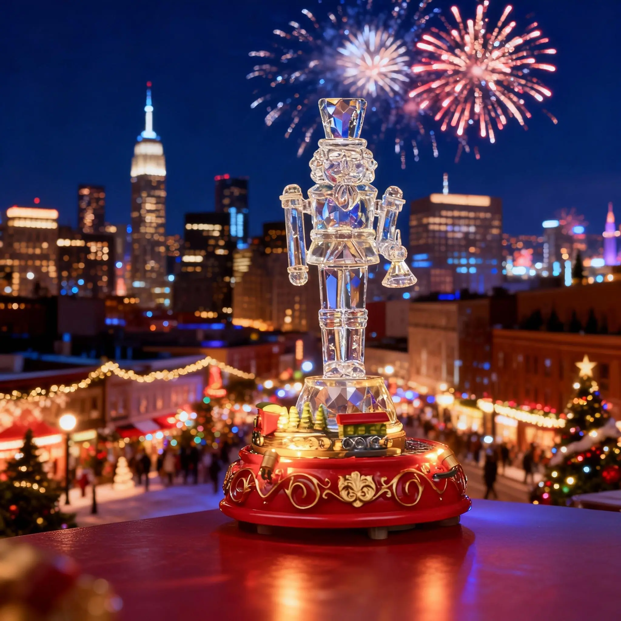 LED Lighted Rotating Musical Christmas Nutcracker Figurine Crystal Clear Acrylic with Rotating Train Base, Battery Operated Table Top Holiday Decor, Unique Christmas Gift Idea for Women Men Adults, Festive Home Mantel Shelf Collectible Ornament