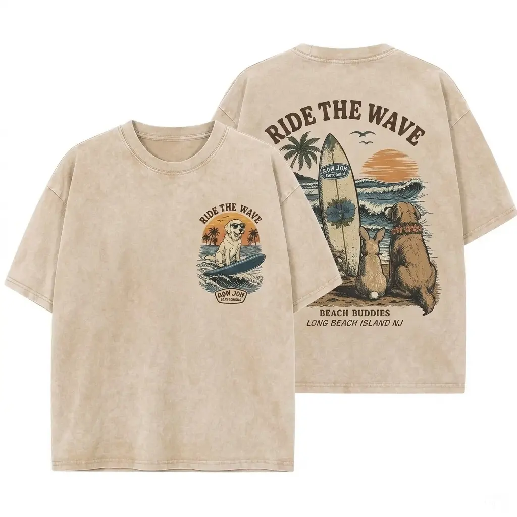 Ron Jon Surfboards Ride The Wave Beach Buddies Dog Rabbit Long Beach Island NJ Double Sided Unisex Washed Khaki Tshirt Mens Vintage Graphic Tee, Boyfriend fit shirt, Oversized unisex top for women, Retro surf streetwear, Summer beach aesthetic
