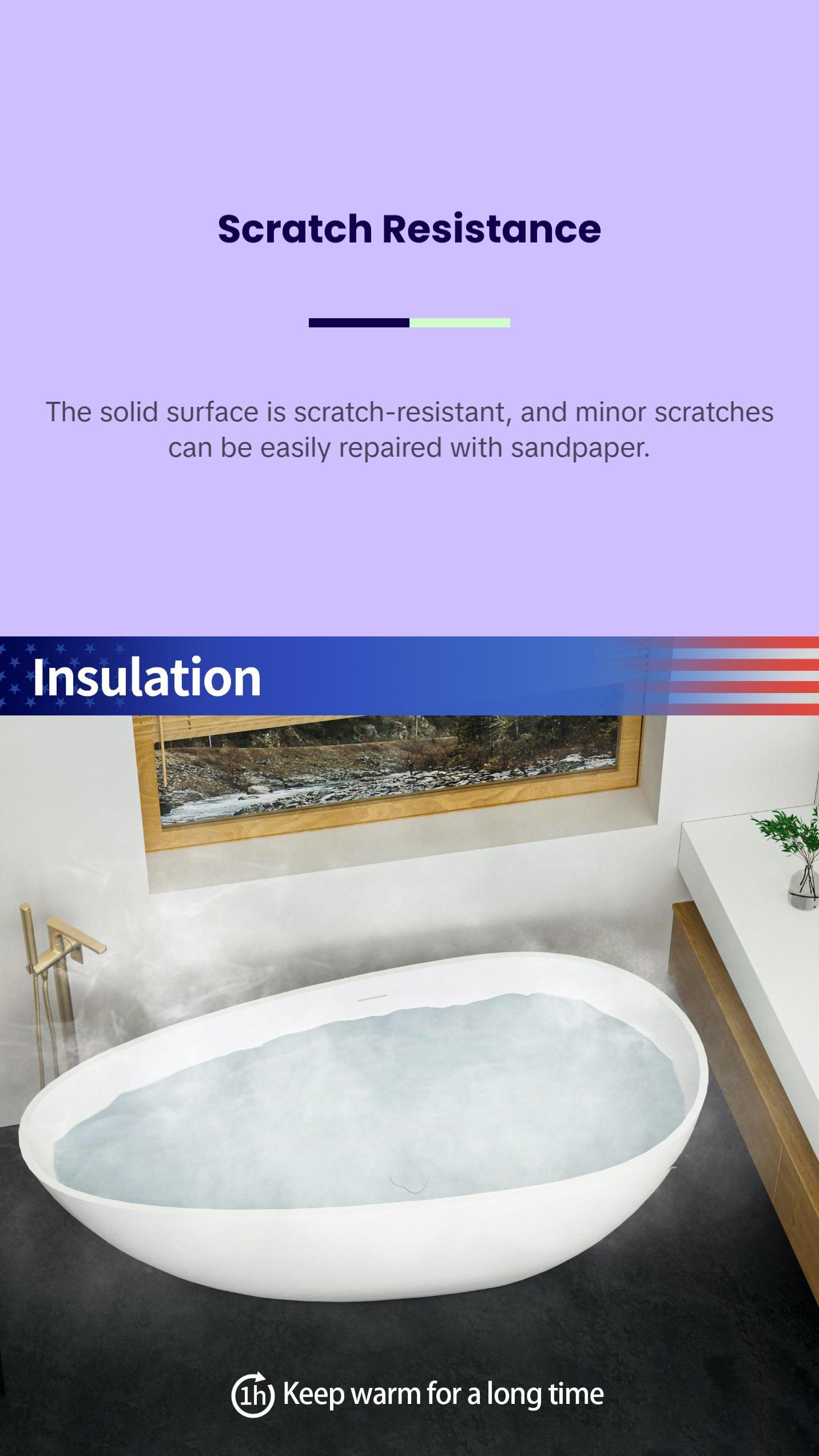 67" Oval Shaped Freestanding Solid Surface Soaking Bathtub with Overflow RX-S09-67