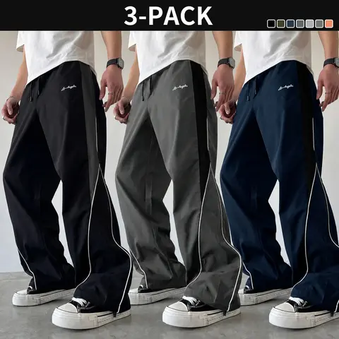 3-pack men’s casual wide-leg athletic sweatpants with side contrast stripes, embroidered lettering, and drawstring cuffs, loose fit
