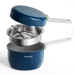 Ceramic Non Stick Sauce Pan, 2.5QT Saucepan with Frying Pan as Lid, Steamer Pot for Cooking, Induction Cookware Set, PTFE, PFOA & PFAS Free