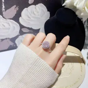 Super Shiny Pink Diamond Oval Ring Luxurious Sweet High-Value Niche Design Fashionable Light Luxury Versatile Ring