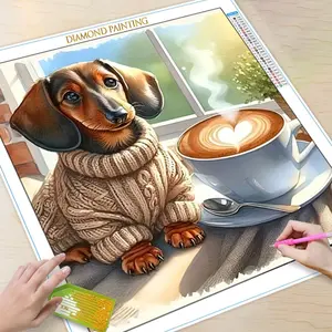 Cartoon Dog & Coffee Pattern DIY Diamond Arts Colorful Painting Kit without Frame, DIY 5D Diamond Arts Colorful Painting Kit, Wall Art Decor for Home, Diamond Painting Kits