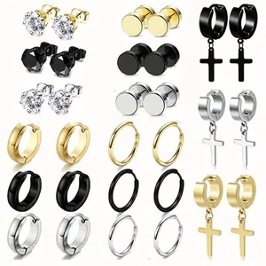 15pairs Earrings Set For Men Stainless Steel Stud Earrings Cross Dangle Hoop Earrings Set Fashion Ear Piercing Jewelry