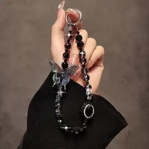 Luxurious and high-end black crystal butterfly bead bracelet, wrist short hanging rope, phone case, keychain, bag pendant, black crystal oval gemstone butterfly bracelet [with transparent clip included] Phone Charms