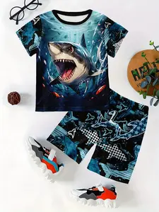 Boys Casual Short Sleeve T-Shirt and Shorts Set with Fitted Cut, 3D Shark Print and Vibrant Design, Perfect for Daily Wear and Outdoor Activities in All Seasons