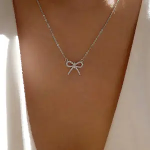 European and American Style Simple Fashion Bowknot Pendant Women's Alloy Inlaid Diamond Necklace Choker Sweater Chain