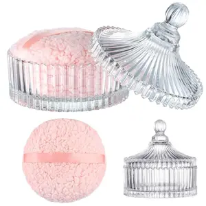 Luxury Makeup Puff, Storage Set, Makeup Holder, Large Velvet Powder Puff with Glass Organizer Box, Reusable Washable Beauty Tool, Ideal Valentine's Day Birthday Gift, Soft Face Body Glitter Puffs for Wet Dry Makeup Application