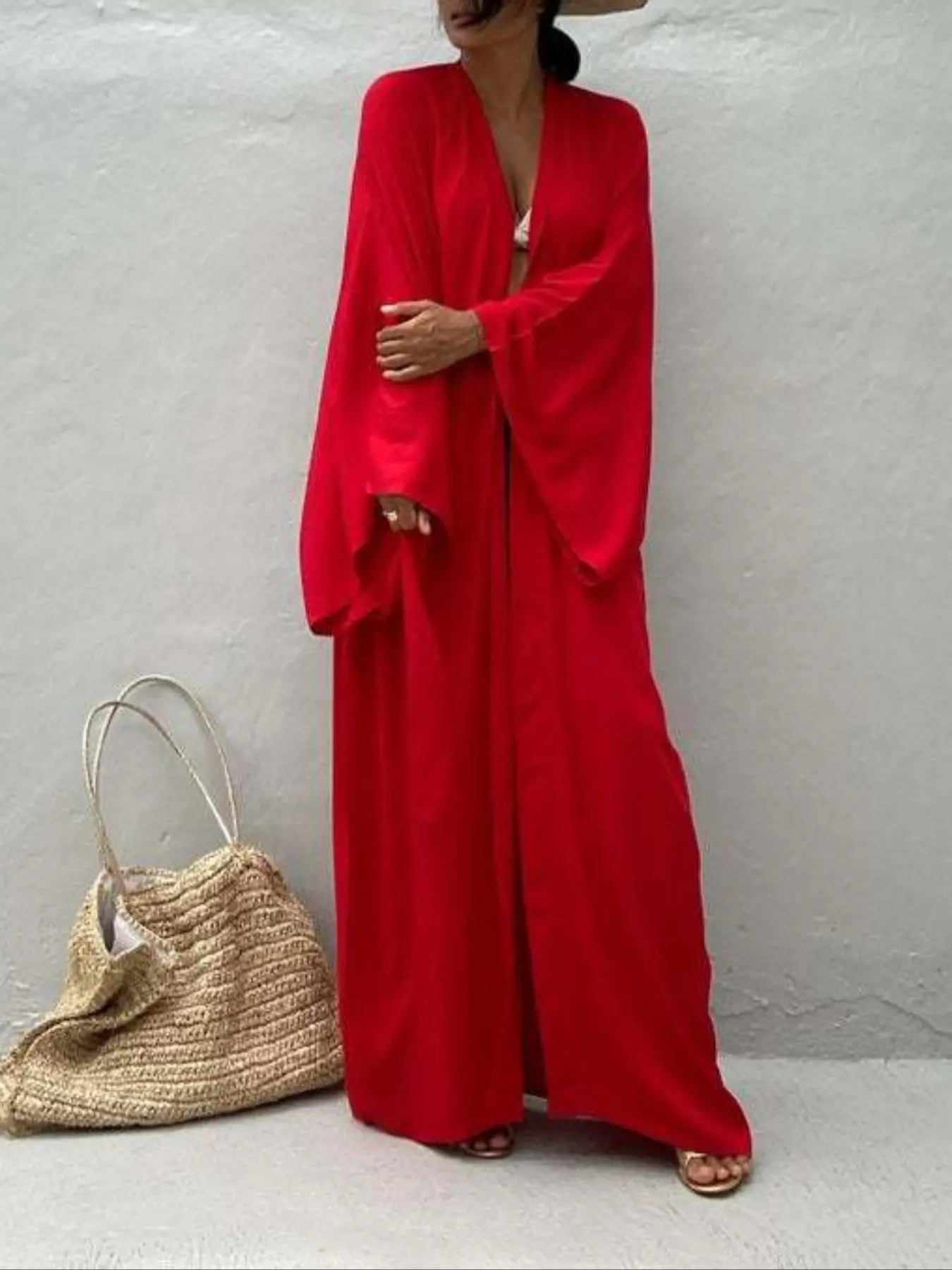 Women's Solid Color Open Front Kimono with Belt, Casual Long Sleeve Swimwear Coverups, Summer Coverup, Bathing Suit Cover, Swimsuit Cover Ups for Beach Vacation, Beachwear Cover Up, Ladies Clothes for All Seasons