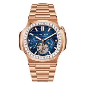 REEF TIGER RT Men's Luxury Automatic Mechanical Watch with Square Diamond 24-Hour Display Tourbillon Luminous Pointer and Scale Stainless Steel Strap