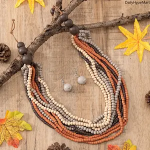 Multi-Color Wood Beaded Long African Statement Necklace, Fashion Accessory for Anniversary Gift