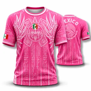2026 Mexico soccer jersey, pink Mexican Aztec-inspired V-neck football fan shirt with eagle and snake graphic