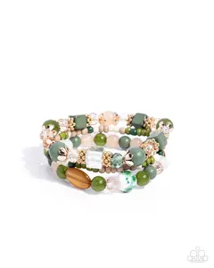 Angelic Array - Green Brown Peach Bead Gold Stretchy Bracelet Stack - Paparazzi