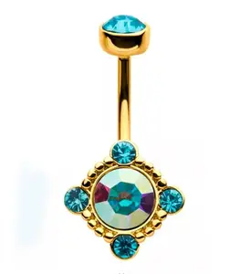 Gold PVD Rainbow Aurora and Aqua CZ Noble Belly Button Ring